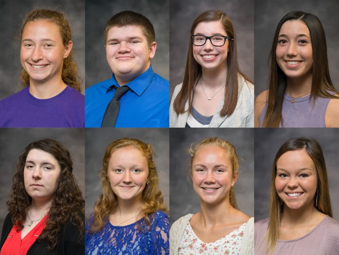 Portraits of eight of the nine 2018-19 KCC Board of Trustees Scholarship recipients.