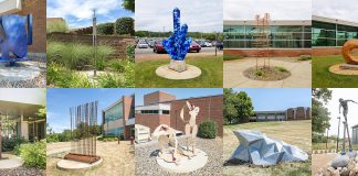 A collage of the 10 new outdoor sculptures installed on KCC's North Avenue campus over the Summer 2018 semester.