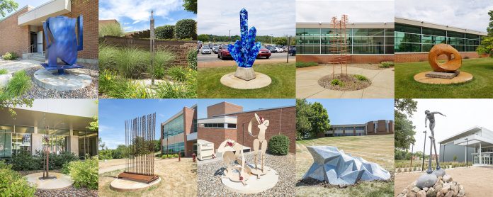 A collage of the 10 new outdoor sculptures installed on KCC's North Avenue campus over the Summer 2018 semester.