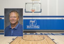 A head shot of men's basketball coach Gary Sprague superimposed on a photo of a basketball hoop in the Miller Gym.