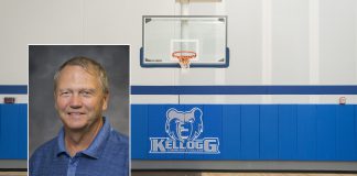 A head shot of men's basketball coach Gary Sprague superimposed on a photo of a basketball hoop in the Miller Gym.