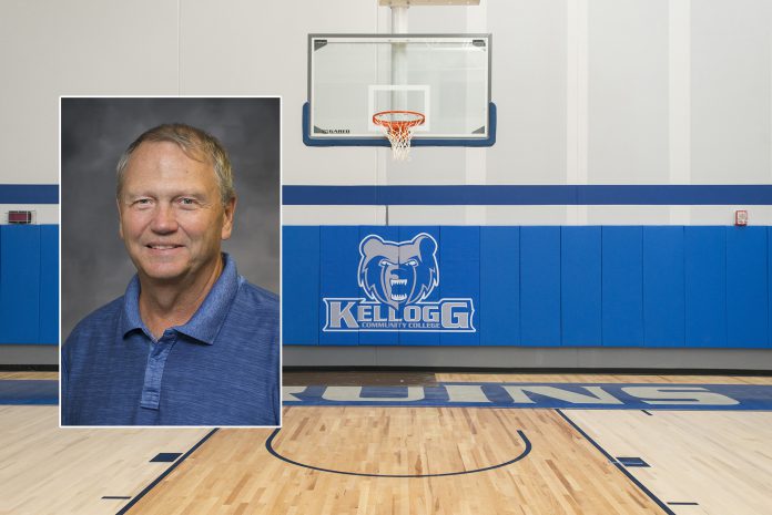 A head shot of men's basketball coach Gary Sprague superimposed on a photo of a basketball hoop in the Miller Gym.