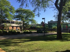 A picture of our North Avenue campus entrance. Facing one of the reflecting ponds.