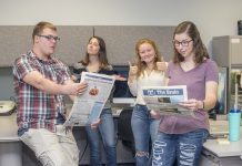 The Bruin News staff leading the charge into a digital future include, pictured from left to right, Staff Writer Seth Allred, Staff Writer Mackenzie Ryder, Managing Editor Taylor Vrooman and Public Editor Sarah Hubbard.