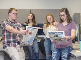 The Bruin News staff leading the charge into a digital future include, pictured from left to right, Staff Writer Seth Allred, Staff Writer Mackenzie Ryder, Managing Editor Taylor Vrooman and Public Editor Sarah Hubbard.