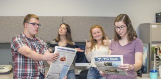 The Bruin News staff leading the charge into a digital future include, pictured from left to right, Staff Writer Seth Allred, Staff Writer Mackenzie Ryder, Managing Editor Taylor Vrooman and Public Editor Sarah Hubbard.