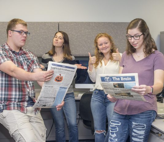 The Bruin News staff leading the charge into a digital future include, pictured from left to right, Staff Writer Seth Allred, Staff Writer Mackenzie Ryder, Managing Editor Taylor Vrooman and Public Editor Sarah Hubbard.