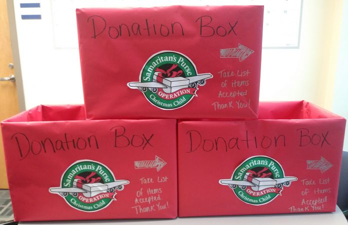 Donation boxes for Operation Christmas Child.