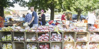 Crates of apples stacked onto of each other at apple fest