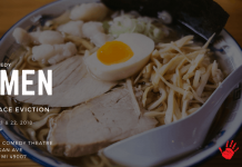 A text slide including a photo of a dish of food promoting Crawlspace Eviction's improv comedy show "Ramen," running 8 to 10 p.m. Sept. 21 and 22 in Kalamazoo.