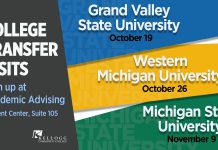 A text slide promoting College Transfer Visits to GVSU Oct. 19, WMU Oct. 26 and MSU Nov. 9.