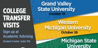 A text slide promoting College Transfer Visits to GVSU Oct. 19, WMU Oct. 26 and MSU Nov. 9.