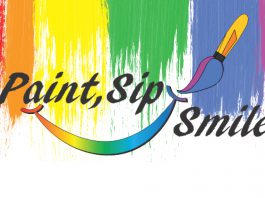 Multimedia image spelling out Paint, Sip, Smile, Multicolored