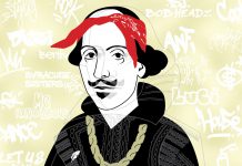 Shakespeare's portrait with hip-hop slang around it.