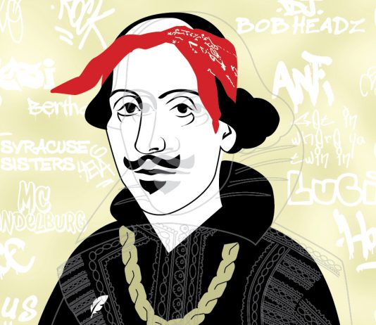 Shakespeare's portrait with hip-hop slang around it.