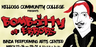 An text slide featuring an illustration of Shakespeare, promoting KCC's upcoming musical "The Bomb-itty of Errors."