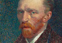 Detail from an 1887 self-portrait by Vincent Van Gogh, on display at the Art Institute of Chicago.