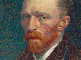 Detail from an 1887 self-portrait by Vincent Van Gogh, on display at the Art Institute of Chicago.