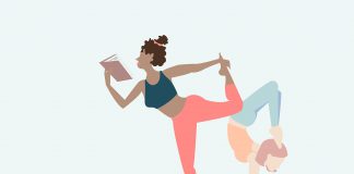 An illustration of women doing yoga while reading.