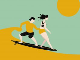 illustration of two people surfing