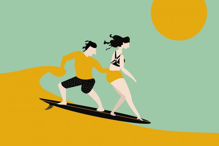illustration of two people surfing