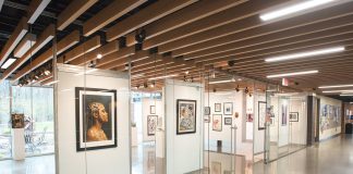 a panoramic view of the art exhibit