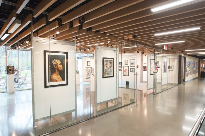 a panoramic view of the art exhibit