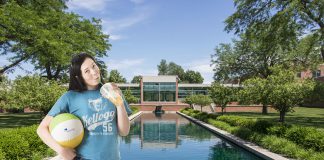 Photo of the North Ave. Campus with a girl holding a drink and a beach ball