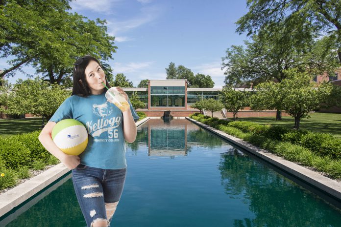 Photo of the North Ave. Campus with a girl holding a drink and a beach ball