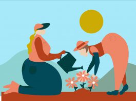 An illustration of two women working in a community garden.