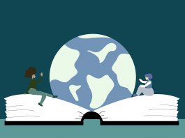 An illustration of two people sitting on an oversized book with the planet Earth between them.