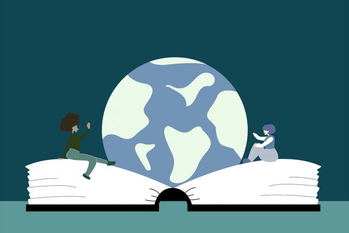 An illustration of two people sitting on an oversized book with the planet Earth between them.