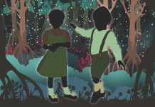 An illustration of two kids playing in the woods.