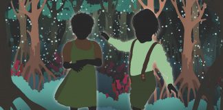 An illustration of two kids playing in the woods.