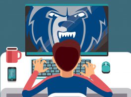 Illustration of a student working on a computer. A Bruin head logo is on the screen.