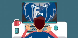 Illustration of a student working on a computer. A Bruin head logo is on the screen.