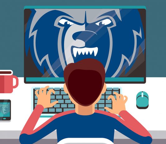 Illustration of a student working on a computer. A Bruin head logo is on the screen.