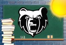 Decorative graphic featuring the Bruin head logo on a chalkboard with a sun and stack of textbooks.