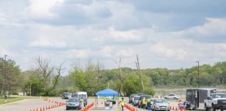 Cars line up during a vaccine clinic on Kellogg Community College's North Avenue campus in Battle Creek on May 20. Photo courtesy of KCC.