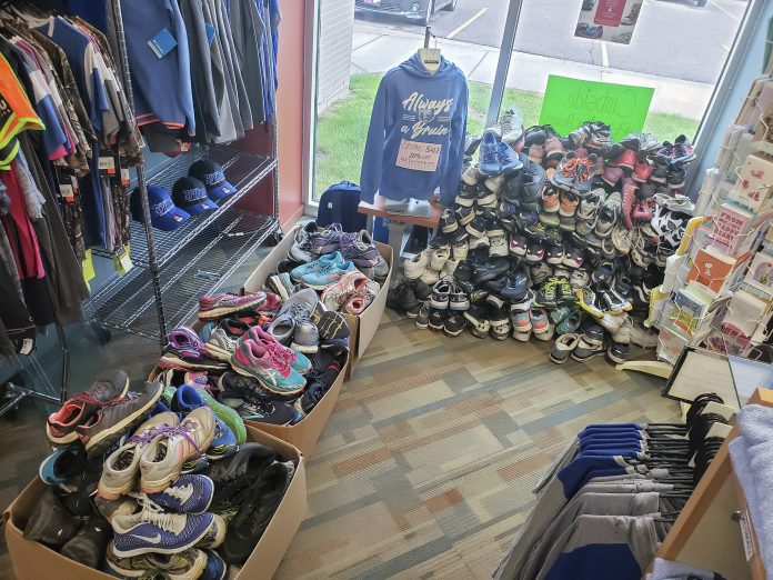 Shoes collected for donation and recycling at the Bruin Bookstore in April. Photo courtesy of Bookstore Clerk Kari Barton.