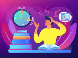 Illustration of a stressed-out person studying and looking at the clock.