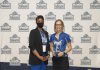 Kellogg Community College bowler Kelsey Kipp poses with KCC President Dr. Adrien Bennings with an award following the NJCAA Championship in Lansing. Photo courtesy of KCC.