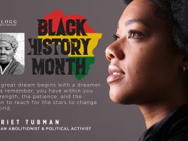 A slide featuring a profile of a black female and a portrait of Harriet Tubman, with a KCC Black History Month logo and text that reads, "Every great dream begins with a dreamer. Always remember, you have within you the strength, the patience, and the passion to reach for the stars to change the world. Harriet Tubman. American abolitionist and political activist."