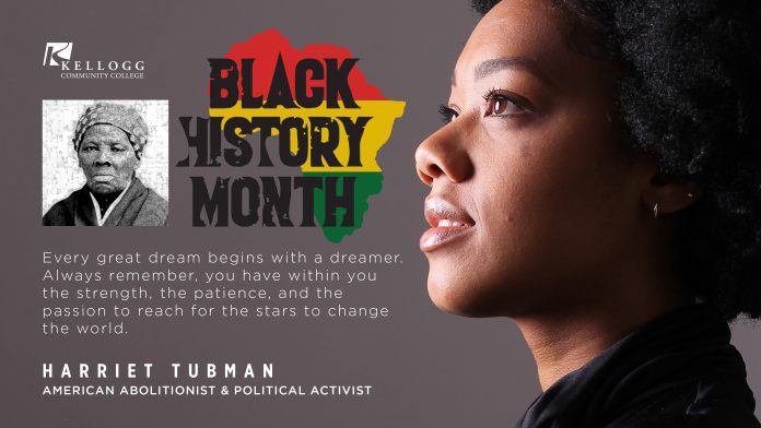 A slide featuring a profile of a black female and a portrait of Harriet Tubman, with a KCC Black History Month logo and text that reads, 