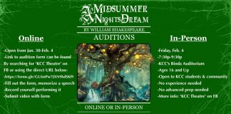 A green background with a fantastical tree in the center. On the background is the title, "A Midsummer Nights Dream, by William Shakespeare." Included is the information for both the online and in-person audition options.