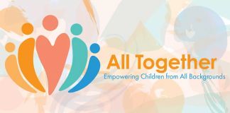 Pastel-colored shapes of figures with the text "All Together: Empowering Children from All Backgrounds."