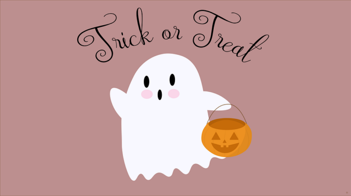 the saying Trick or Treat with a cartoon ghost underneath