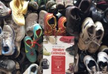 A collection of sneakers that the Bruin Bookstore has collected