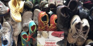 A collection of sneakers that the Bruin Bookstore has collected