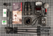 An overhead view of photography equipment.